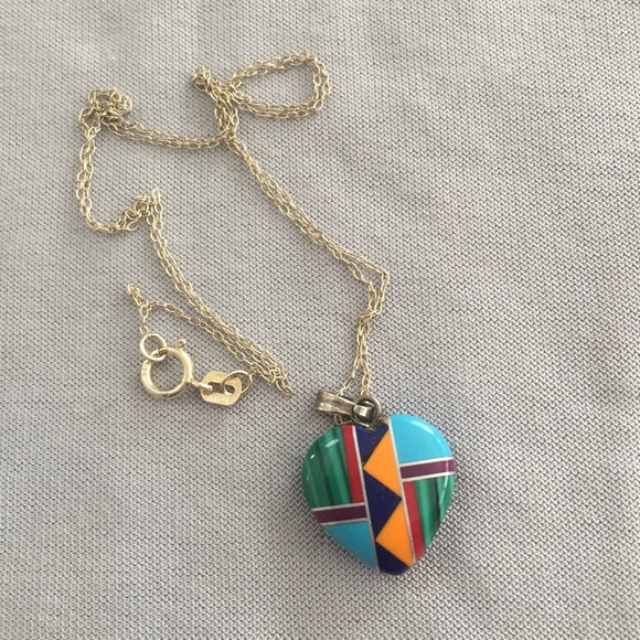Navajo inlay style pendant & sterling silver chain - Picture 3 of 4